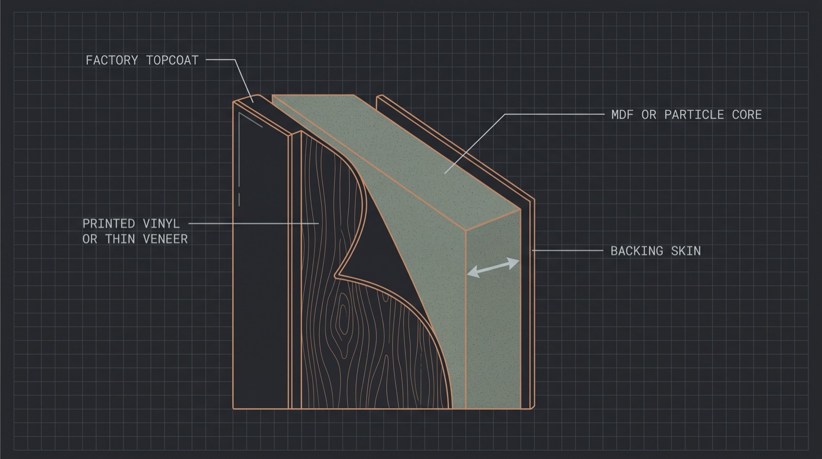 Cutaway diagram of an RV cabinet door showing a factory topcoat over printed vinyl or thin veneer, bonded to an MDF or particle core with a backing skin